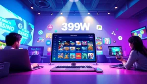 Engaging visual of 399W, showcasing an interactive online gaming experience with diverse devices and vibrant graphics.