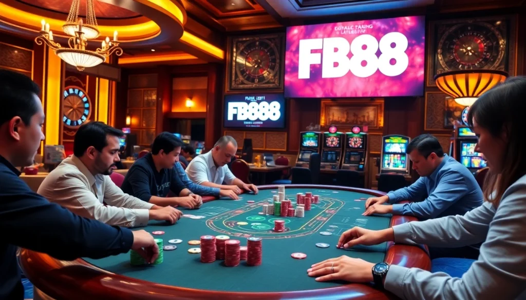 FB88 players enjoying high-stakes poker at a luxurious casino table with vibrant chips and cards.