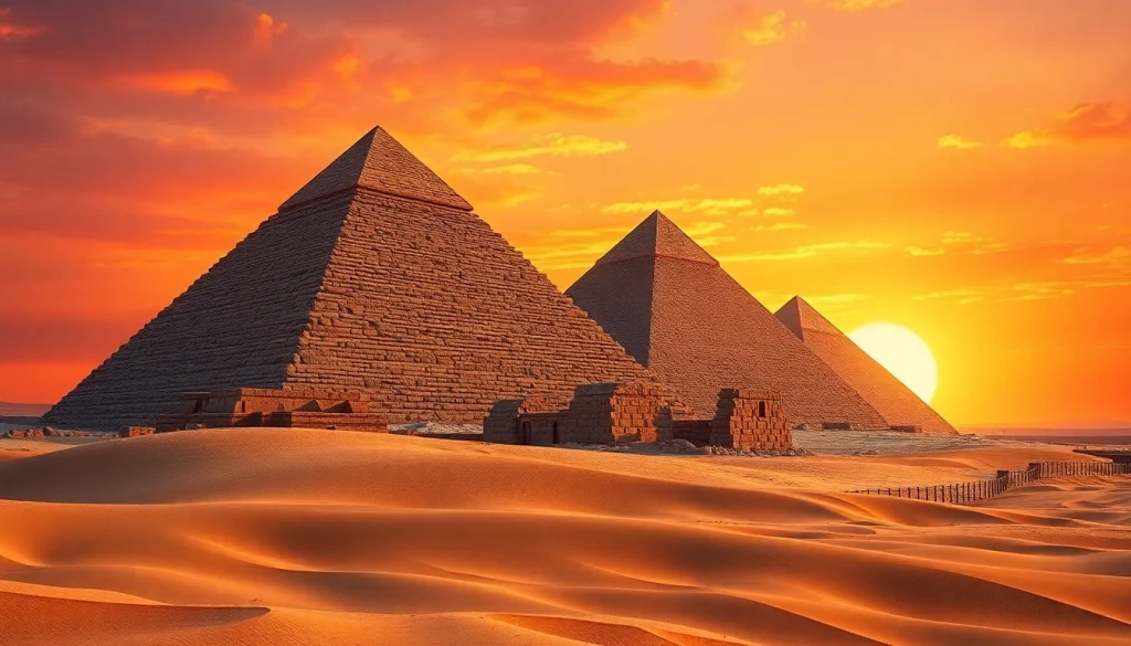 Pyraminds showcasing ancient Egyptian grandeur under a sunset sky, capturing their majestic forms.