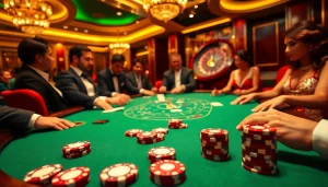 Players enjoying a high-stakes poker game featuring s8 chips and strategic bets in a luxurious casino setting.