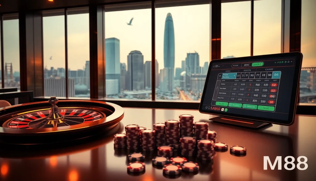 Experience the thrills of MM88 through an elegant online gambling interface with poker chips and roulette.