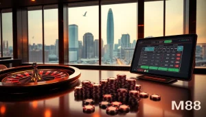 Experience the thrills of MM88 through an elegant online gambling interface with poker chips and roulette.