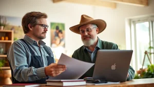 Agricultural law consultation between a farmer and attorney showcasing serious legal discussions.