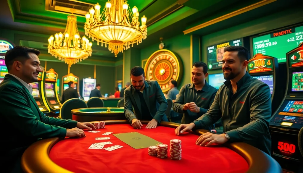 Players enjoying high-stakes poker in Essentials Tracksuit, surrounded by vibrant casino decor.