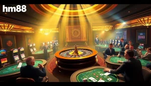 hm88 đăng nhập at a luxurious casino setting with players at poker tables and roulette.