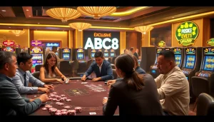 Players strategizing at a luxurious poker table during the ABC8 gambling event, surrounded by casino excitement.