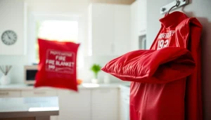 Fire blanket hanging in a modern kitchen, ensuring safety against flames.
