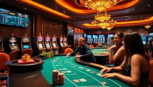 S88bet players strategizing over poker chips in an upscale casino setting.