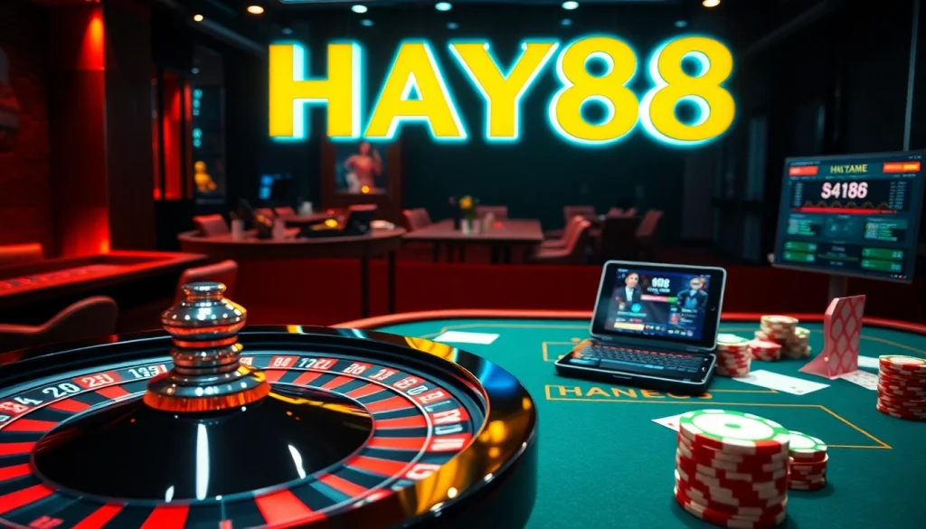 Experience vibrant HAY88 online gaming with an exciting casino scene featuring roulette and poker chips.