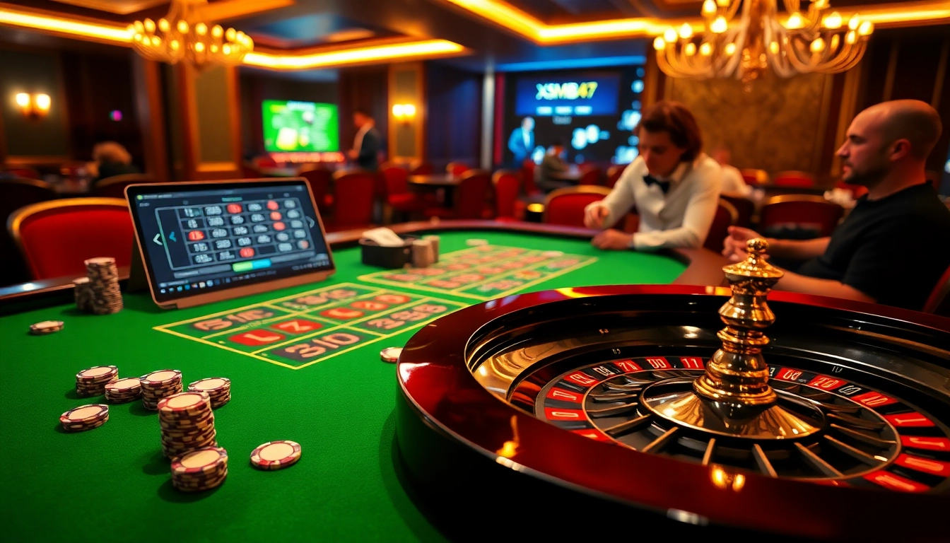 XSMB247 players strategizing their bets at a luxurious casino table.