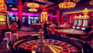 Exciting GK88 casino scene with roulette, poker chips, and slot machines highlighting vibrant gambling action.