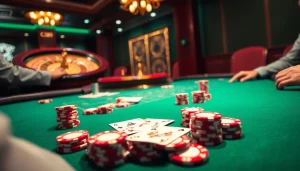 Experience the thrill at LC88 with a lavish casino scene featuring dynamic poker gameplay and a striking roulette wheel.