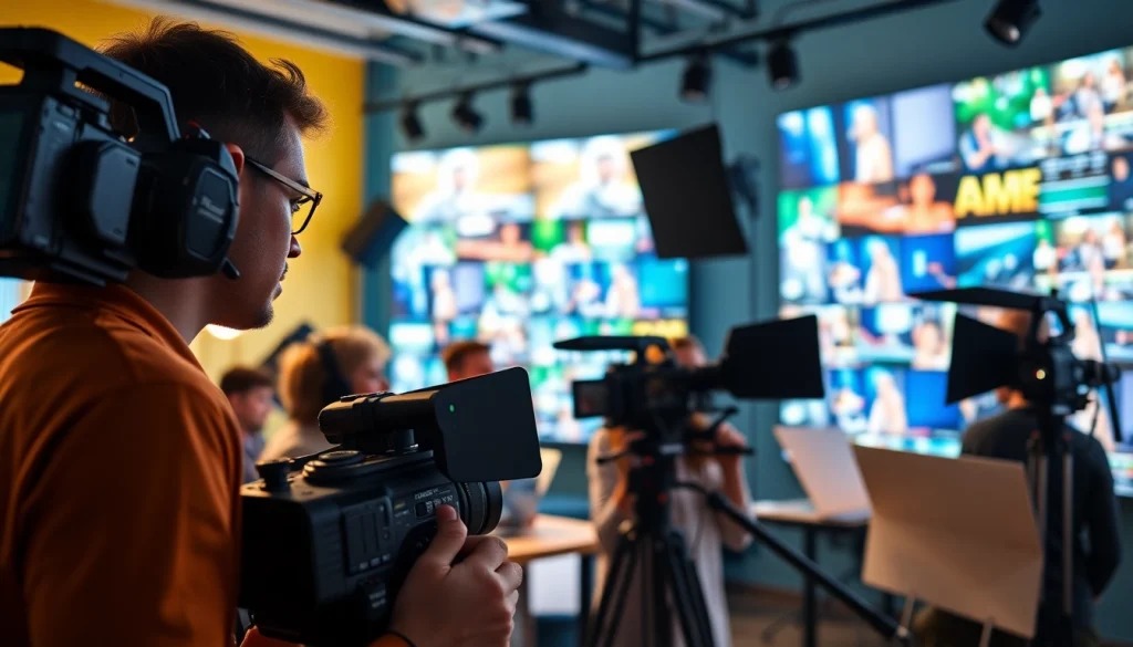 Capture the essence of video production Calgary with a dynamic team collaborating in a vibrant studio.