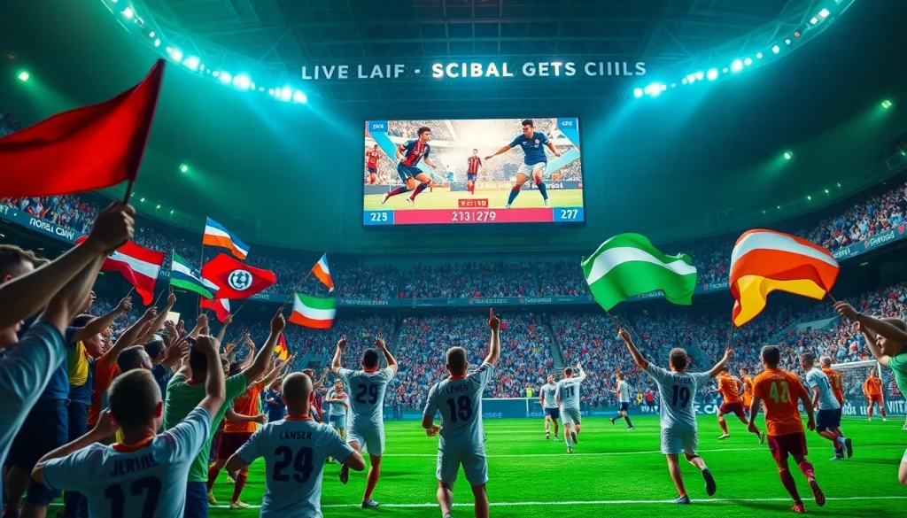 مشهد بث مباشر لـ Kora لايف مع مشجعين لكرة القدم متحمسين يهتفون في استاد حيوي.