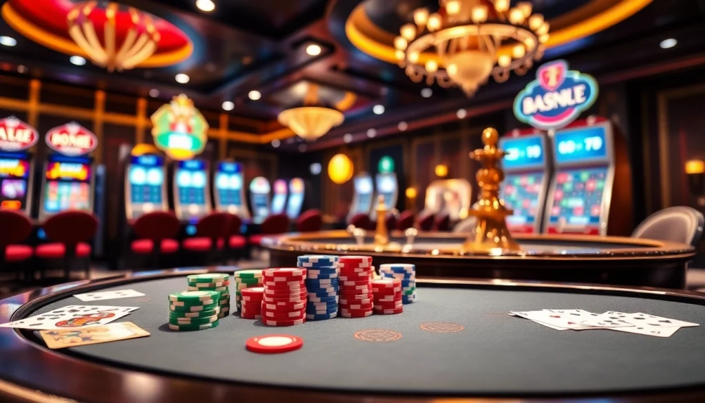 Exciting casino en ligne francais scene featuring poker chips, cards, and a roulette wheel.