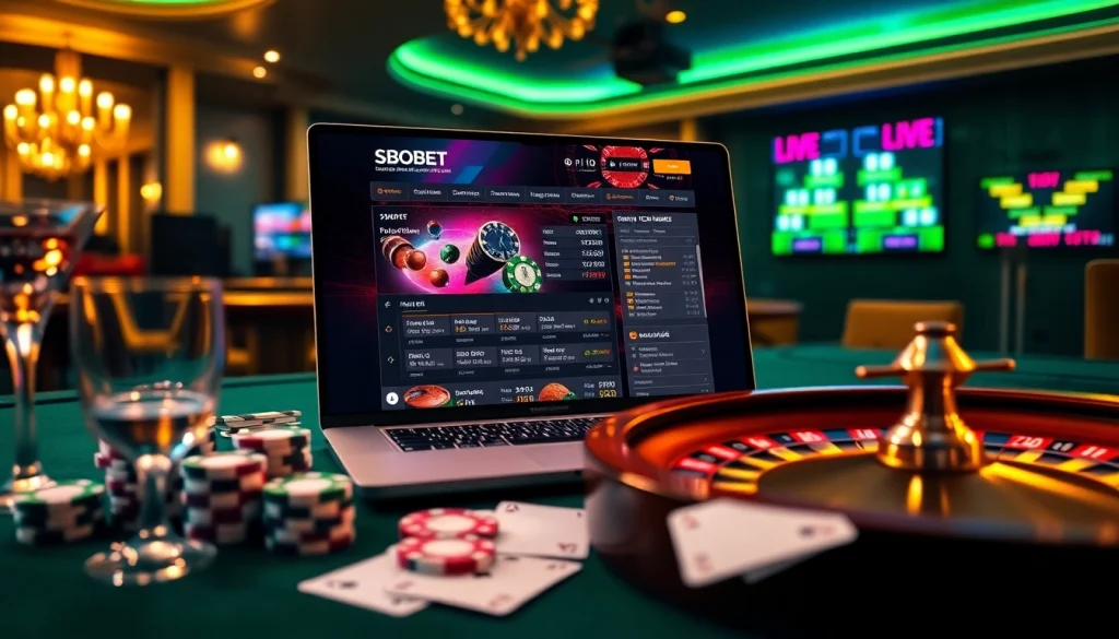 Players engaging in SBOBET online betting amid luxury casino elements, showcasing excitement and strategy.