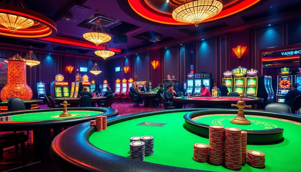 Experience the excitement of gambling at a luxurious casino with vn168 gaming tables, poker chips, and slot machines.