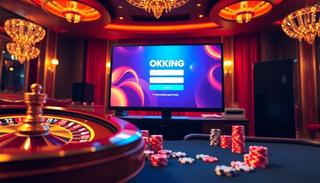 Engaging scene of OKKING đăng nhập with a vibrant casino interface, highlighting action at gaming tables.
