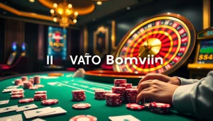 Engaging with LINK VÀO Bomwin at a luxurious casino table filled with vibrant chips and cards.