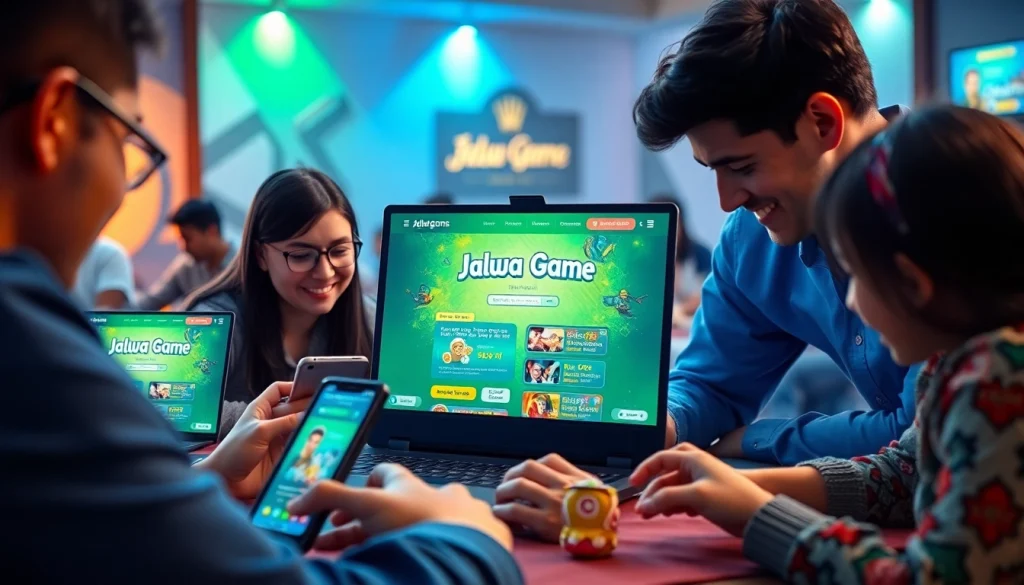 Players enjoying the Jalwa Game on various devices in a vibrant gaming atmosphere.