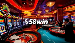 Experience thrilling gaming with 58win at a vibrant casino with slot machines and poker tables.