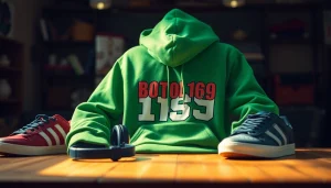 Stylish green BOTOL169 hoodie displayed attractively on a wooden table with trendy accessories.