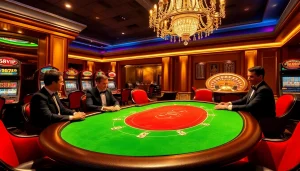 High-stakes poker at 68VIP casino, showcasing elegance and excitement with players and bright slot machines.