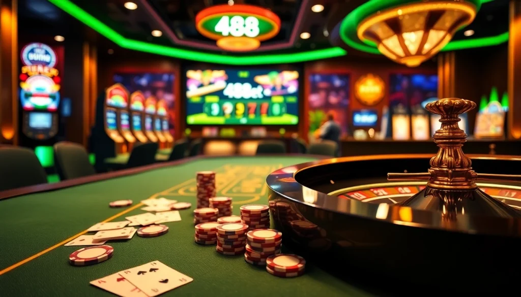 Jugadores disfrutando del casino en línea 488bet con póker y ruleta, destacando emoción y lujo.