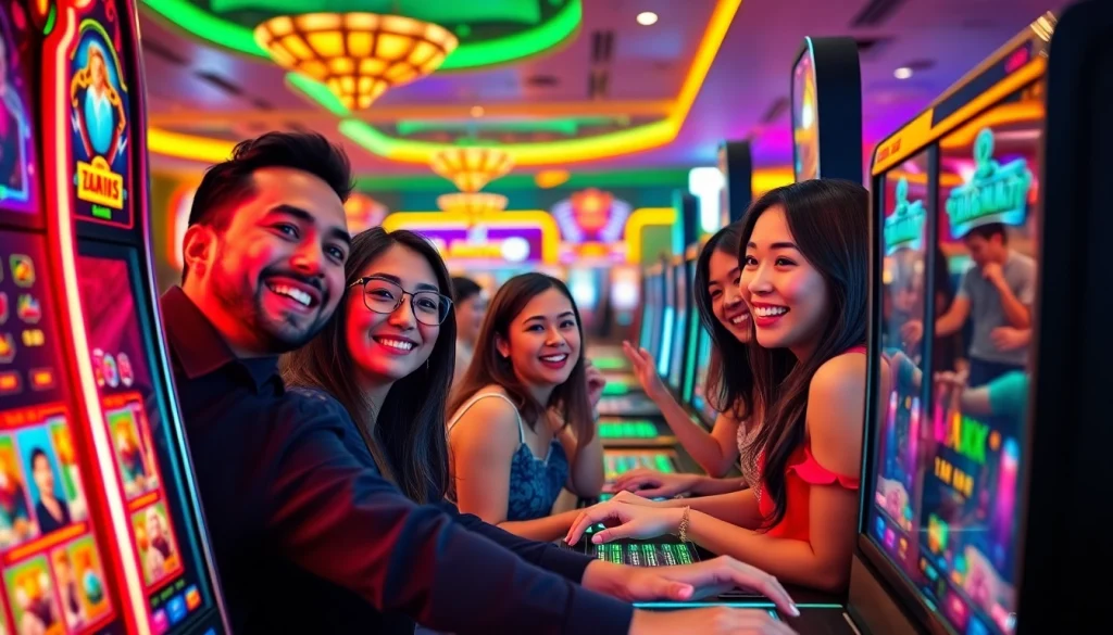 LAGAGAME77 players celebrating big wins in a vibrant casino setting.