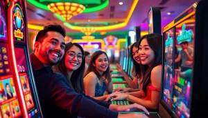 LAGAGAME77 players celebrating big wins in a vibrant casino setting.