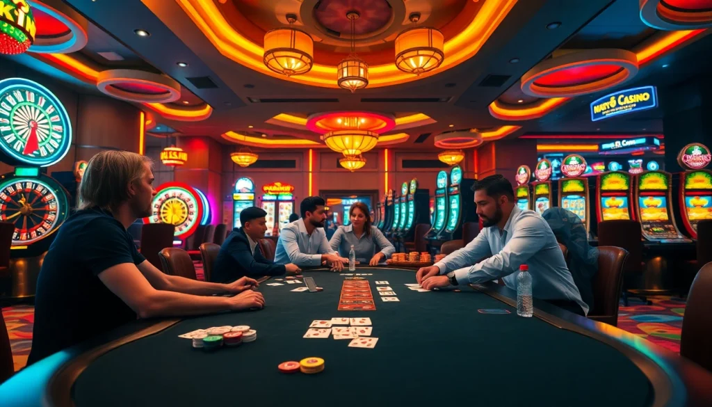 S8 casino showcasing a vibrant poker game surrounded by roulette and slot machines, capturing the excitement of gambling.