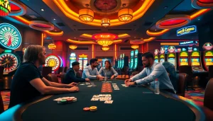 S8 casino showcasing a vibrant poker game surrounded by roulette and slot machines, capturing the excitement of gambling.