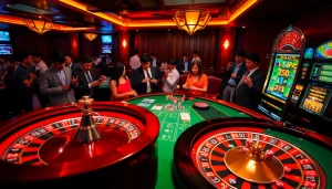 Exciting casino scene featuring roulette and poker, highlighting http://228kbet.net/ for gamblers.