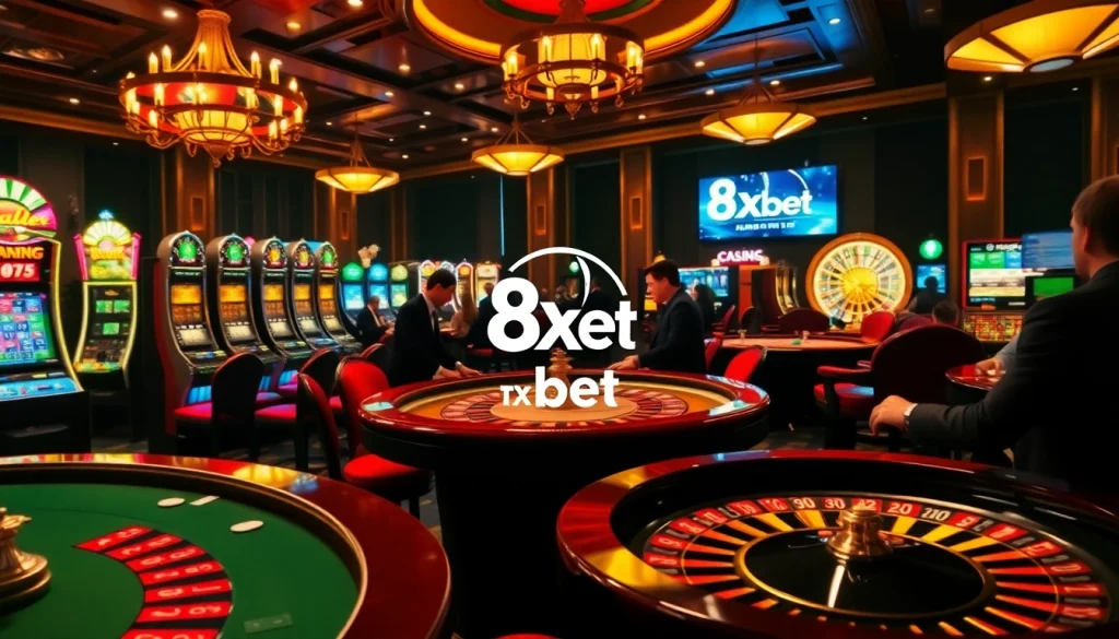 A thrilling casino scene highlighting 8xbet tải with players enjoying poker and slot machines.