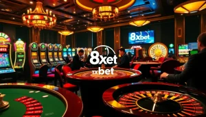 A thrilling casino scene highlighting 8xbet tải with players enjoying poker and slot machines.