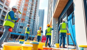 Building Painters applying vibrant colors on a modern office building on a sunny day.