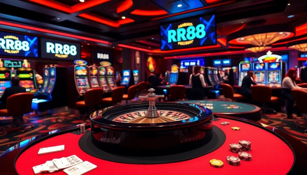 Players engaging in thrilling casino games at RR88 with vibrant atmosphere and luxurious decor.