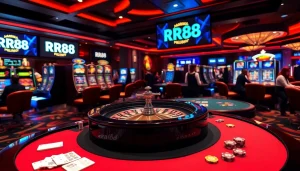 Players engaging in thrilling casino games at RR88 with vibrant atmosphere and luxurious decor.