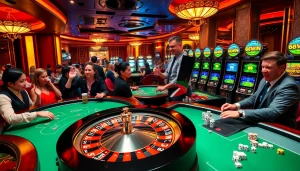 Exciting scene of casino players enjoying games at 68WIN with chips and cards.