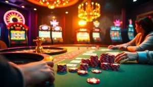 Kubet players enjoying an exciting game at a luxurious casino table with poker chips and cards.