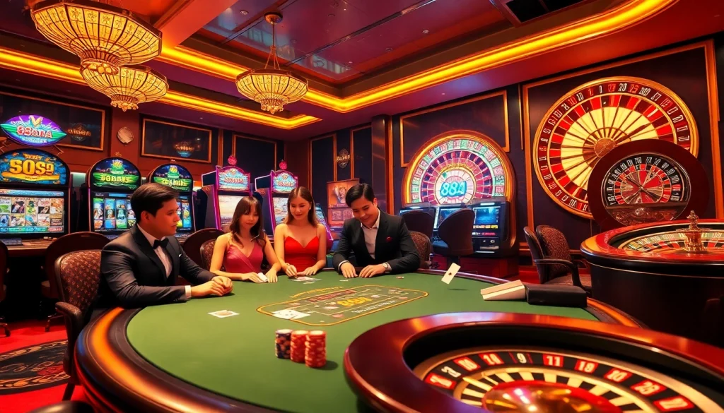 Players enjoying poker at the 88aa casino, surrounded by vibrant slot machines and roulette.