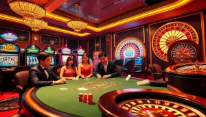 Players enjoying poker at the 88aa casino, surrounded by vibrant slot machines and roulette.