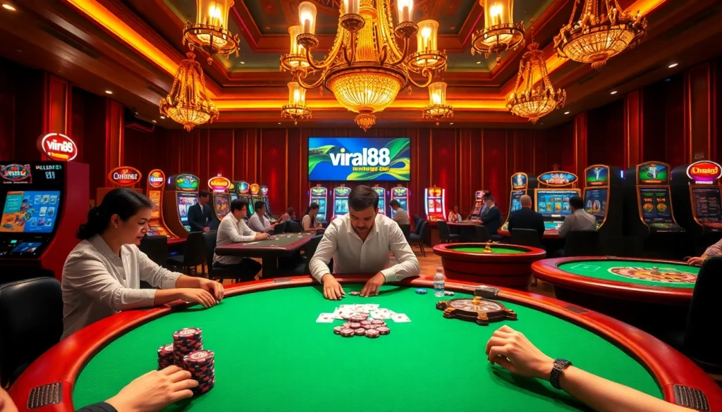 Engage with thrilling casino action at viral88 featuring poker tables and colorful chips.