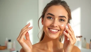 A woman with oily skin applying cc cream for oily skin in a bright bathroom, showcasing a fresh look.