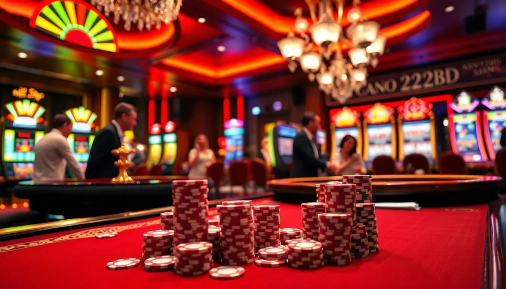 Experience thrilling gameplay at 222BD casino with poker chips and roulette wheel action.