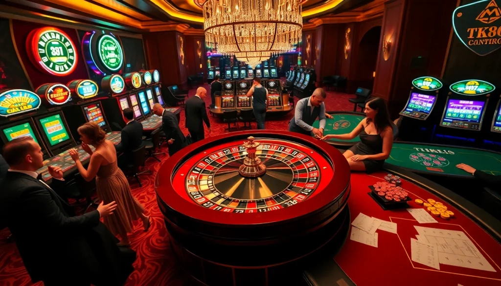 Players engaging in a thrilling casino experience at TK88, with roulette and slot machines.