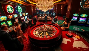 Players engaging in a thrilling casino experience at TK88, with roulette and slot machines.