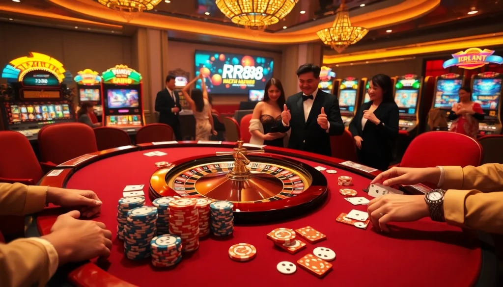 Exciting casino atmosphere with RR88 themed poker table, roulette wheel, and slot machines.