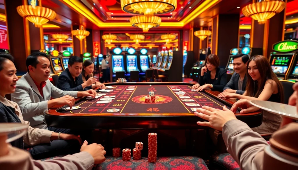 Tai Xiu online gameplay scene with players placing bets at an elegant casino table, showcasing dice and chips.