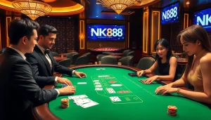 Players at an NK88 casino table engaged in an intense blackjack game, surrounded by chips and cards.